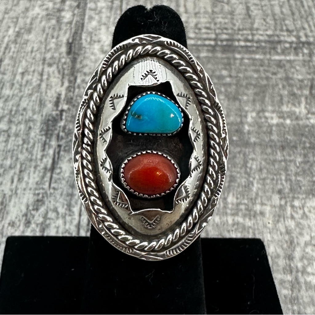 Old Pawn Vtg Shadowbox Navajo Coral Turquoise Sterling Ring Sz 575 G Hallmark 150$